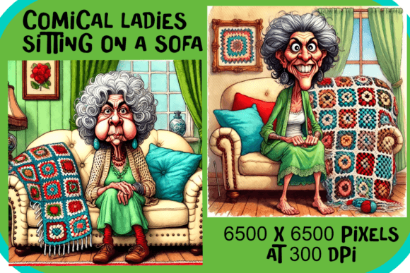 Comical Ladies with Granny Square Throw: A Whimsical Addition to Your Creative Projects