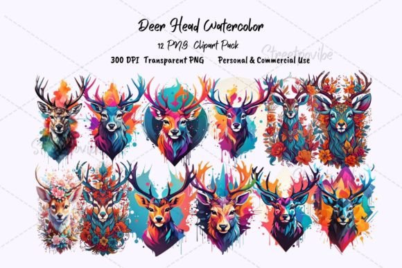 Deer Head Watercolor Clipart PNG Pack