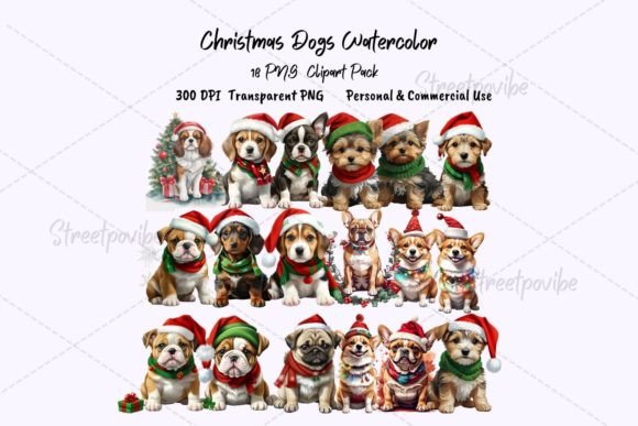 Dog Christmas Watercolor Clipart PNG Art