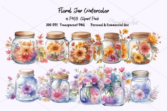 Floral Jar Watercolor Clipart PNG Pack D
