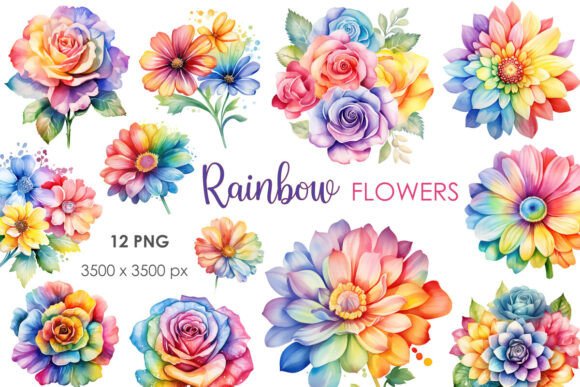 Rainbow Watercolor Flowers PNG Clipart: A Burst of Color for Creative Projects