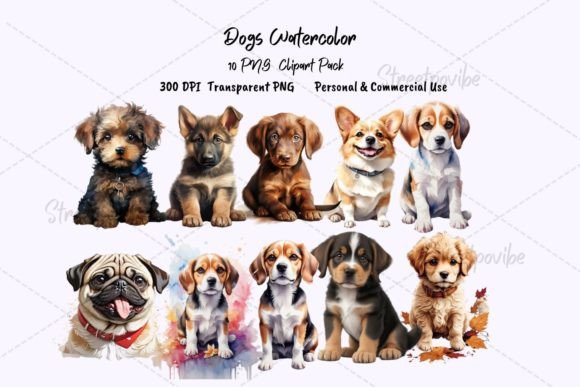 Small Dog Watercolor Clipart PNG Pack