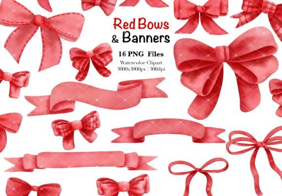 Watercolor Red Ribbon Banners and Bows Clipart